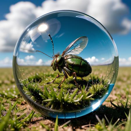 00049-2933965123-masterpiece, best quality, intricate photo, glass sphere with highly detailed grass hopper in the grass, Background blue cloudy.jpg